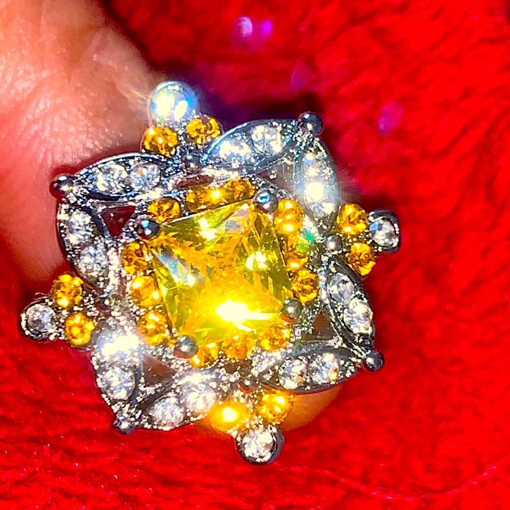 Size 6 Lab Created Citrine Glittery Silver Rhodium Plated Ring